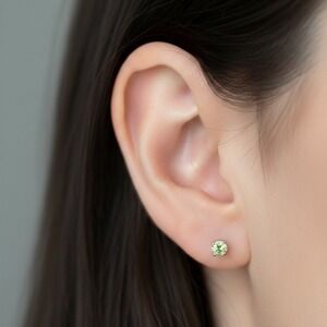 Silver Stud Earring Peridot Round Cut Gemstone Prong Set Stud Earrings